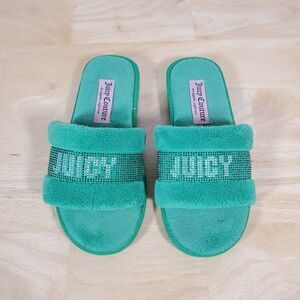 JUICY COUTURE Halo 2 Sz M Y2K Style Bright Green Terry Cloth Slides Slippers